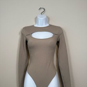 Fashion Nova Taupe Ribbed Cutout Bodysuit